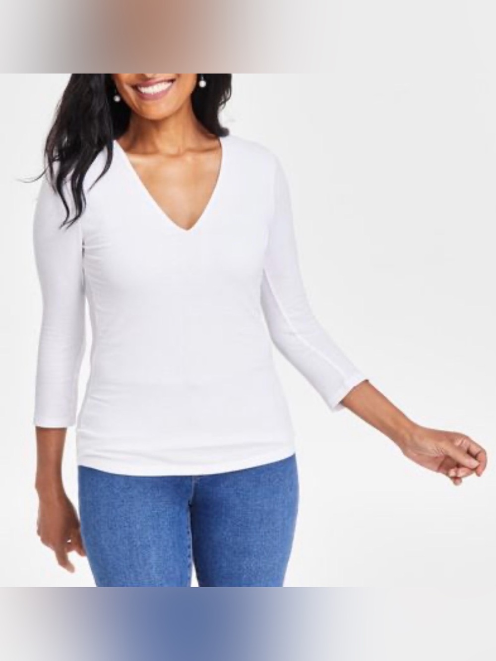 INC International Concepts Ribbed Stretch 3/4 Sleeve V-Neck, White, sz XL